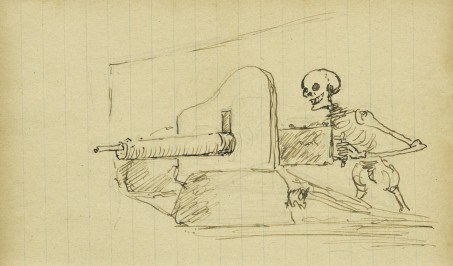 Zeichnung, auf der Skelett mit Maschinengewehr abgebildet ist