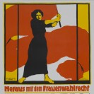 Motiv des Plakats vom Frauentag am 8. März 1914, mit einer Frau die eine rote Fahne schwingt.