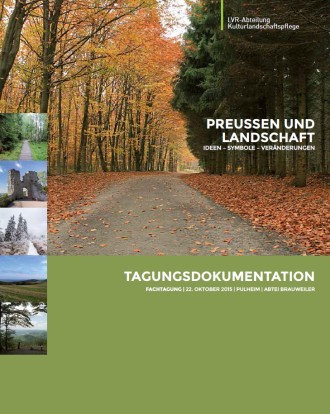 Cover des Tagungsbandes zum Thema "Preußen und Landschaft". Waldweg mit Herbstlaub, rechts Nadelbäume, links verfärbte Laubbäume.