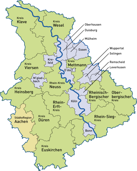 Karte der LVR-Mitgliedskörperschaften: 13 kreisfreie Städte, 12 Kreise und die StädteRegion Aachen