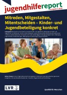 Titelseite des Jugendhilfereports zeigt drei Kinder und eine erwachsene Person im Gespräch miteinander