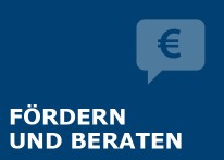 Grafik: Blauer Hintergrund mit Sprechblase, darin ein Eurozeichen. Text: Fördern und beraten