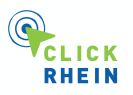 Logo als Schrift: ClickRhein. Daneben ein Mauspfeil, der von Ringen umgeben ist, die Wellen symbolisieren. Beides in den Farben Blau und Grün des LVR.