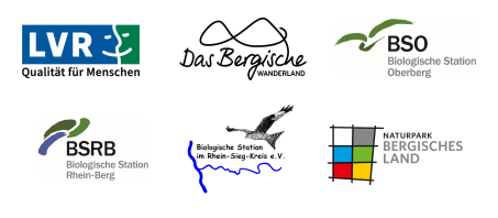 Die Logos der Projektpartner: LVR, Das Bergische, Biologische Station Oberberg und Rhein-Berg, Biologische Station im Rhein-Sieg Kreis e.V. und Naturpark Bergisches Land
