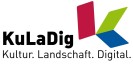 Das Foto zeigt das Logo des Internetportals KuLaDig, schwarze Schrift auf weißem Grund. Daneben ein rot-grün-blaues "K".
