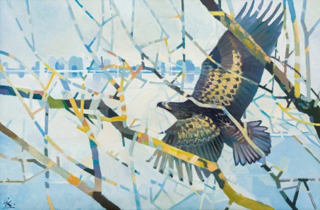Gemälde eines Adlers mit ausgebreiteten Flügeln, der über ein Gewässser fliegt.