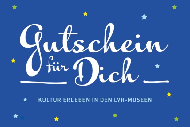 Weiße Schrift auf blauem Grund: Gutschein für Dich. Kultur erleben in den LVR-Museen
