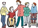 Das Bild ist ein Piktogramm, auf dem eine Reihe von Menschen mit und ohne Behinderung abgebildet ist. Piktogramm: Reinhild Kassing